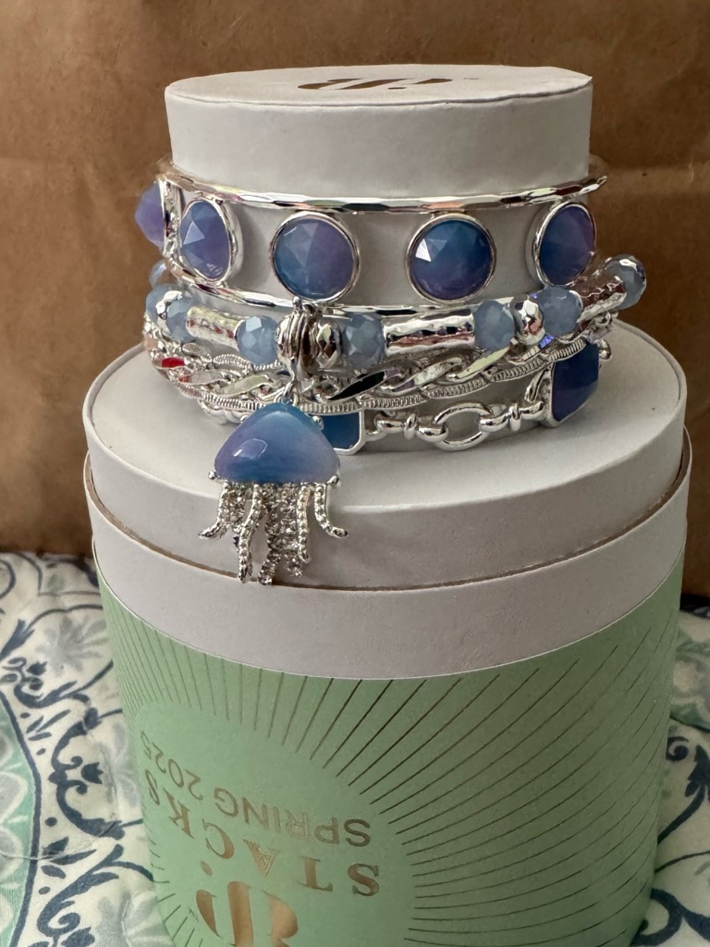 Blue Jellyfish Charm Multi-Row Bracelet Stack by